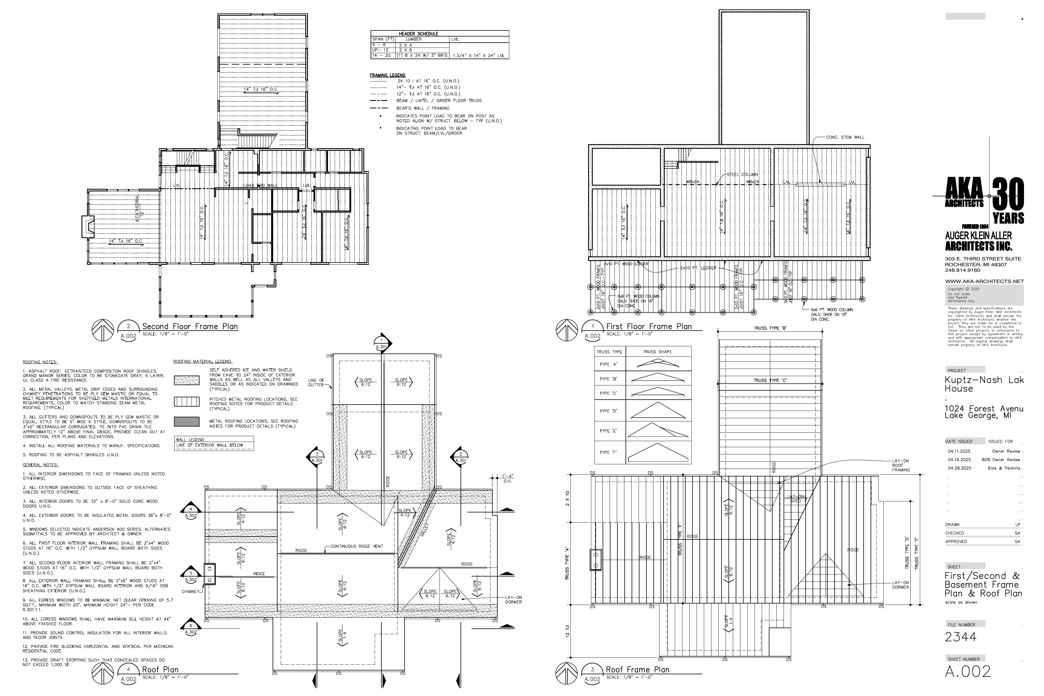 Kuptz-Nash Lake House — First/Second & Basement Frame Plan & Roof Plan